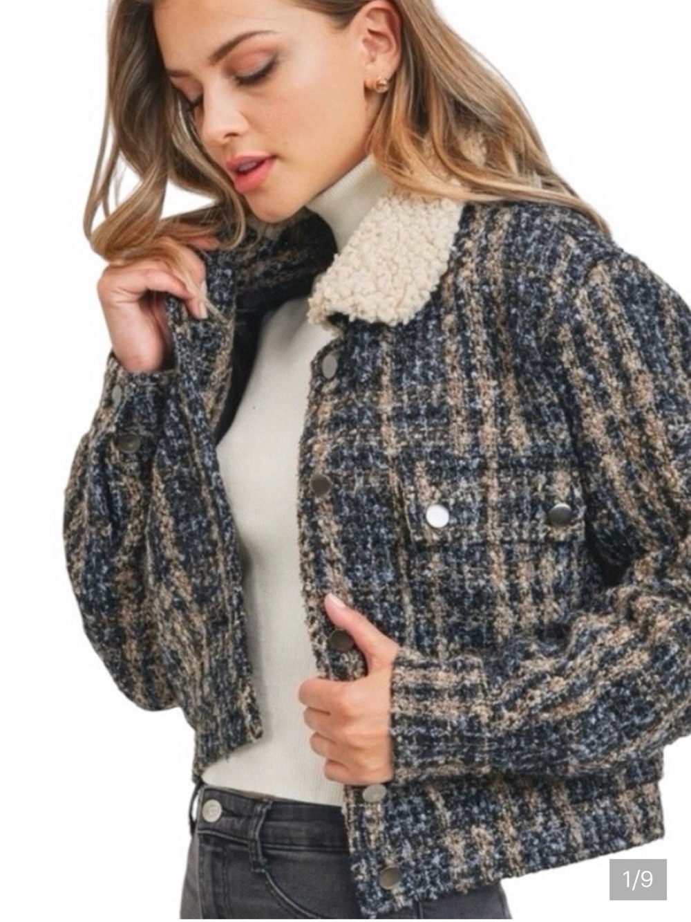 Sweet Rain Plaid Teddy-Collar Jacket - Blue & Tan